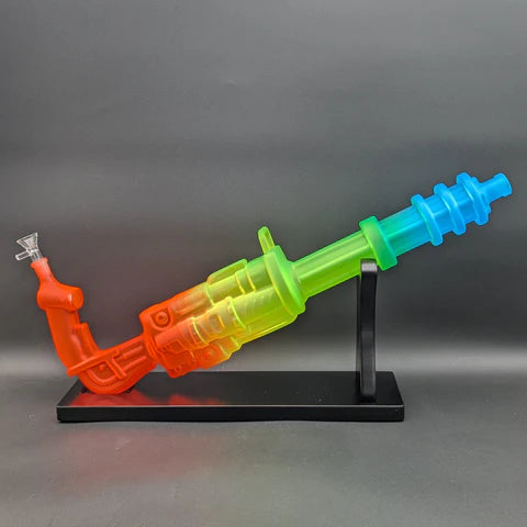 23" Rainbow Frosted Gatling Gun Bong w/ Wood Stand
